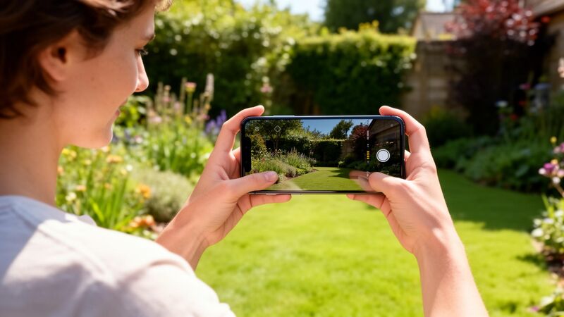 Person photographing their yard with a smartphone