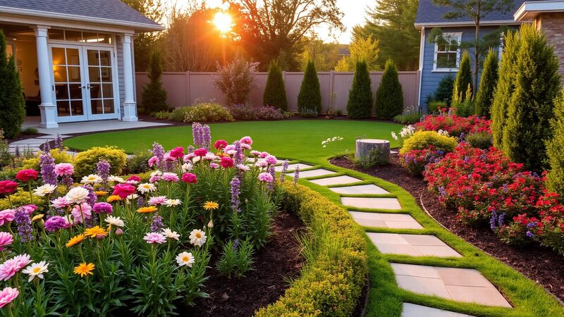 Beautiful garden with flower beds and stone paths
